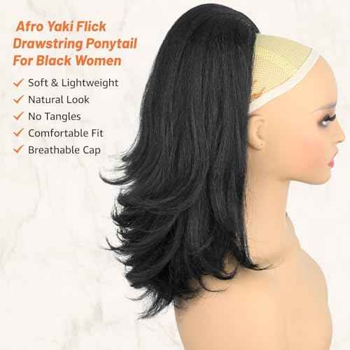 Drawstring Ponytail Extension for Black Women 14 Inch Yaki Kinky Straight Ponytail Flick Style Hairpiece Synthetic Natural Black