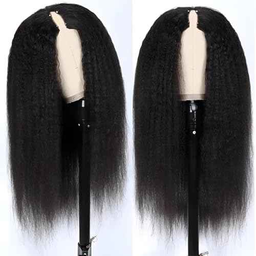 V Part Wig Human Hair Kinky Straight 20 Inch Vpart Human Hair Wig Upgrade U Part Wig Yaki Straight Clip in Half Wigs for Black Women Glueless No Leave Out 180% Density Natural Color