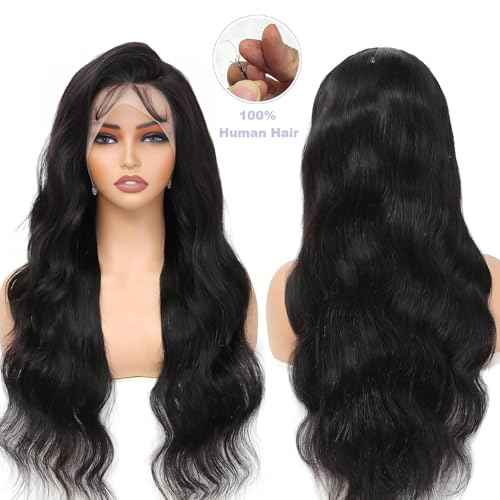 13x6 Lace Front Wigs Human Hair 200% Density Body Wave HD Lace Front Wigs Human Hair Pre Plucked Glueless 13x6 Full Frontal Wig for Women Natural Black 26 Inch