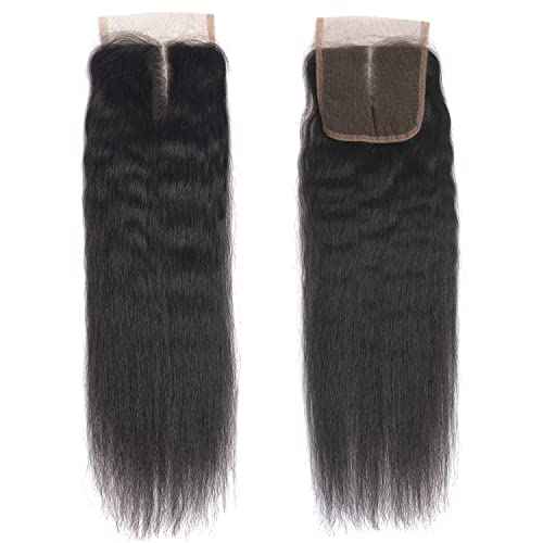 Kinky Straight Bundles with Closure 10A Yaki Straight Human Hair 3 Bundles with 4x4 Lace Closure Unprocessed Brazilian Virgin Human Hair Weave Extensions Natural Color (16 18 20+14 closure)