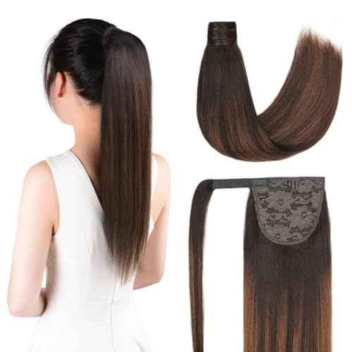 18 Inch Human Hair Ponytail 80g Long Wrap Around Ponytail Brown Balayage Real Hair Ponytail Extension for Women(18inch,Brown Balayage)