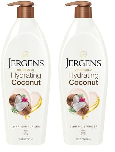 Jergens Hydrating Coconut Body Moisturizer, Infused with Coconut Oil, Dermatologist Tested, Hand and Body Lotion for Dry Skin, 26.5 Oz (Pack of 2)