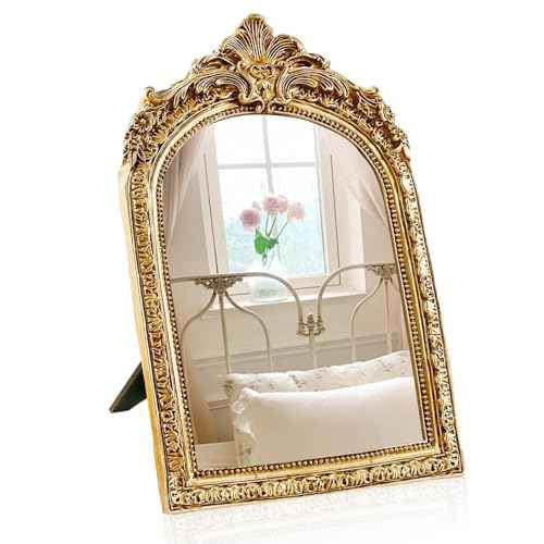 YUSONG Vintage Makeup Desk Mirror - 7" Gold Antique Mirror for Tabletop Resin Frame Decorative Wall Art for Living Room, Bedroom Decor, Vanity Table