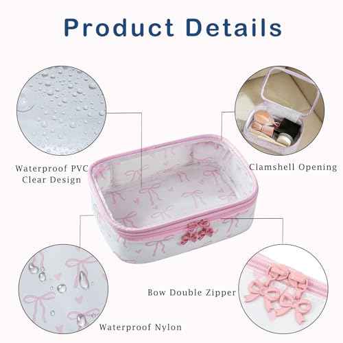 Cute Clear Makeup Bag with Bow Pattern,Transparent Nylon Travel Cosmetic Case with Zipper,Portable Makeup Organizer Pouch for Essentials(01Pink)