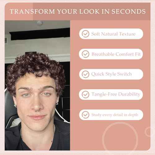 Men's Full Head Wig with Real Hair, Curly Wig, Short Curly Hair, Fluffy and Realistic Curly Strands, Thin Skin, Daily and Party Men's Wig (dark brown)