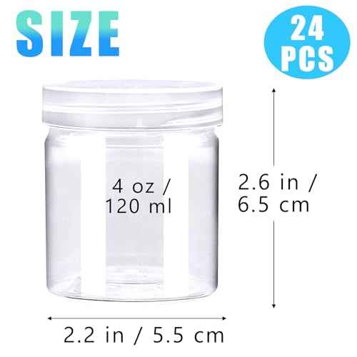 24 Pack 4oz Clear Plastic Slime Containers with Lids,Round Refillable Travel Storage Sealed Jars,Wide Mouth Container for Cosmetics,Lotions,Eye Shadow,Cream,Candy,Makeup,Craft Supplies,Beads
