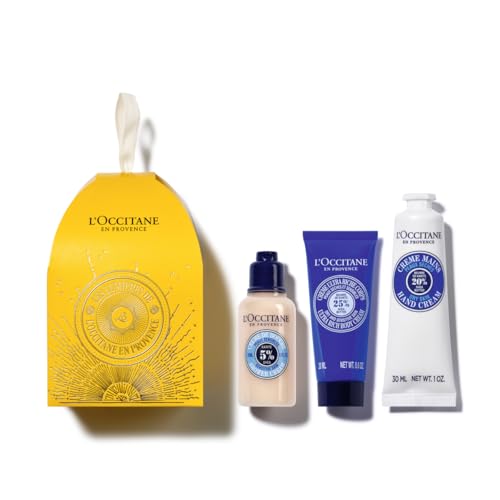L'OCCITANE Shea Holiday Ornament Beauty Gift Set, Hydrating Self Care Travel Trio for Dry Skin, Moisturize and Cleanse Body & Hands with Cream & Soap