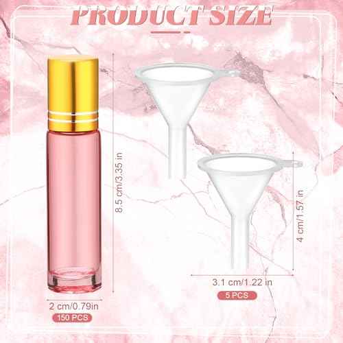 Sumind 150 Pcs Essential Oil Roller Bottles 10 ml Glass Empty Roll on Bottles with Stainless Steel Balls Leak Proof with 5 Funnel for Travel Essential Oil(Pink)