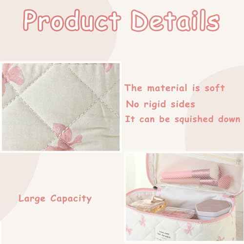 Large Quilted Makeup Bag for Women and Girls, Cute Coquette Floral Cotton Cosmetic Bag, Aesthetic Travel Organized Toiletry Bags (07White Pink Bows)