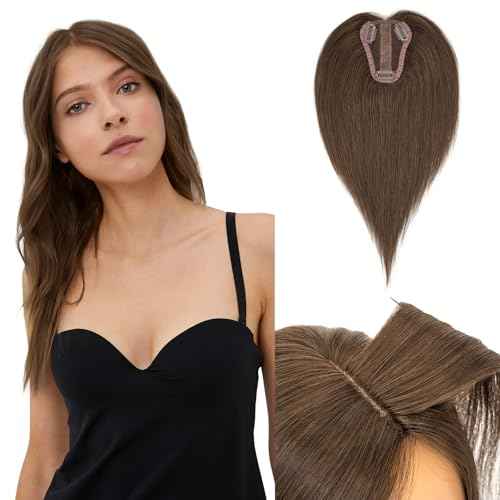 Hairro Real Human Hair Toppers, Clips in 100% Human Hairpieces for Women, 3.15"x3.94" Silk Base for Covering Thinning/Greyish Hair on Top, 14 Inch Brunette Brown
