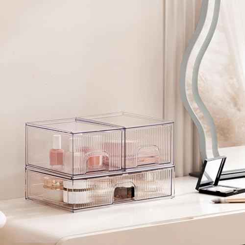 Clear Stackable Desk Storage Drawers, 3 Pack Acrylic Bathroom Makeup Organizers, Easily Assemble All Purpose Plastic Bins for Brightroom, Pantry Organization, Vanity, Undersink, Cabinet