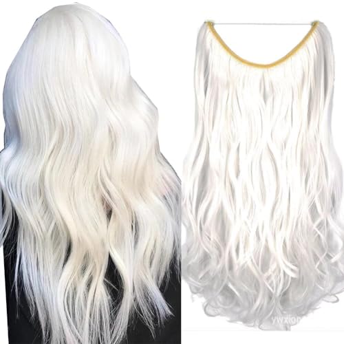 iLUU Secret Hair Extensions #1001 Totally Pure White Synthetic Wavy Hair pieces Heat Resistent Fiber Invisible Wire Hair Extensions 18" 80g Fish Line Curly Hair Extensions for Women (Snow White)