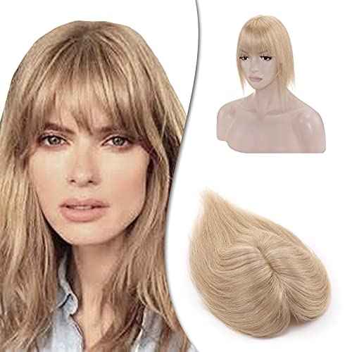 Hairro Human Hair Toppers With Bangs Silk Base Clip In Top Hairpieces Air Bangs Toupee Replacement Clip On Topper On Closure Hair Extensions For Women 16 Inch 48g #24 Natural Blonde
