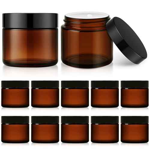 2 oz Small Glass Jars with Lids, Bumobum 12 Pack Amber Glass Cosmetic Jars with Inner Liners, 60ml Round Empty Sample Containers with Blank Labels for Cream, Salve, Lotion