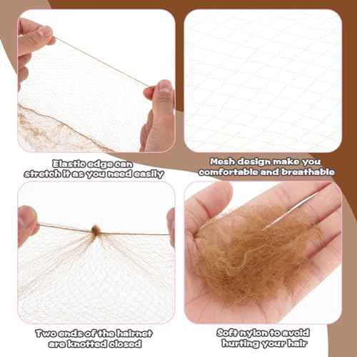 Hair Net Set - 20 Invisible 50cm Hairnets, 40 U-Shaped Pins for Women, Girls Ballet Buns and Dance (Brown)