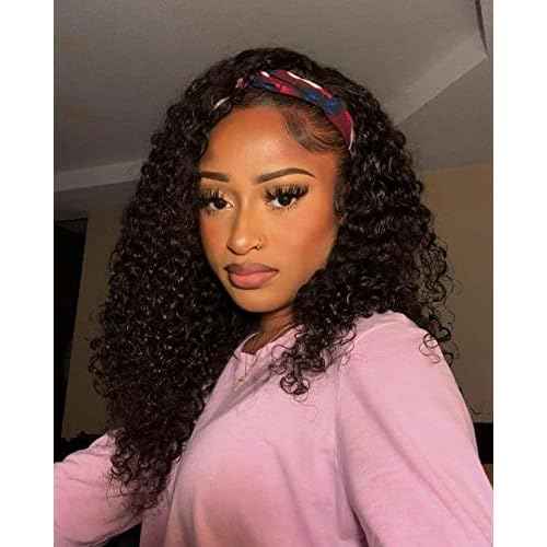 Headband Wig Human Hair Wigs 18-Inch Curly Deep Wave Headband Wig Wear and Go Glueless Wig Natural Color