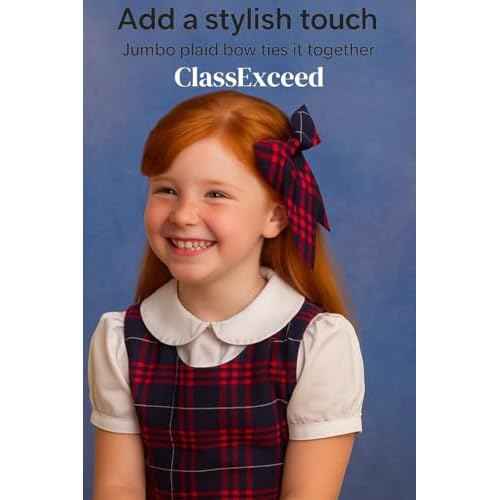 Jumbo Plaid Hair Bow for Girls ? Extra Large 5"x8" with Long Tail & Secure French Barrette ? Durable Yarn-Dyed Fabric ? Elegant Back to School Accessory (Dark Navy and Red Plaid #37)