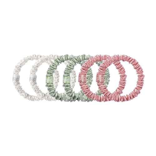 Bellerose Silk Skinny Scrunchies - 100% 22 Momme Mulberry Silk Hair-Friendly Elastic Set (6 Luxurious Scrunchies for Women)