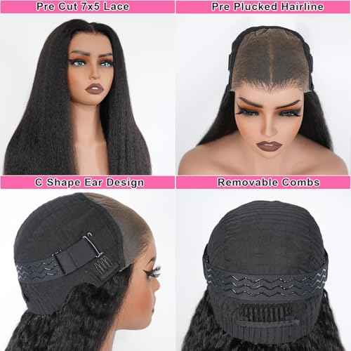 Domiso Wear and Go Glueless Wig Pre Plucked Pre Cut 7x5 Lace Wig Kinky Straight Lace Front Wigs Human Hair for Women Brazilian Beginners Wig Natural Hairline Breathable Cap 200% Density 18 Inch
