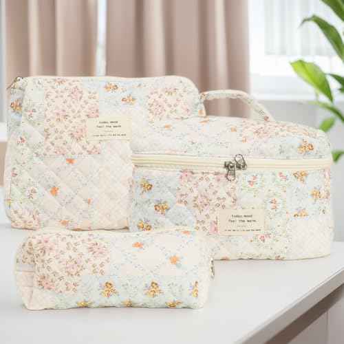 Generic Quilted Makeup Bag Set, Cute Cotton Floral Makeup Bag, Aesthetic Coquette Toiletry Bag, For Travel Toiletry (Bee Flower)
