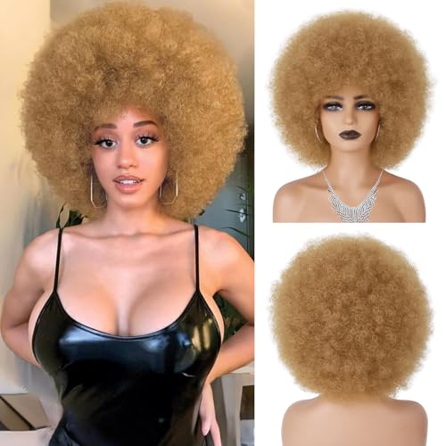 70s Afro Wig for Black Women Blonde Afro Kinky Curly Wig With Bangs Bouncy and Fluffy Heat Synthetic Short Afro Puff Wigs for Daily Party Costume Cosplay Halloween£¨Blonde,10inch£©