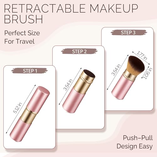 Retractable Kabuki Makeup Brush - Portable Travel Face Brush with Cover, Soft Synthetic Bristles for Blush, Bronzer, Powder, Foundation & Sunscreen, Flawless Application On-the-Go (Rose gold)