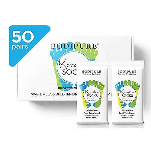 Bodipure All-In-1 Moisturizing Foot Mask | Keratin & Vitamin E Foot Mask for Dry Cracked Feet, Callus & Heel Softening | Easy-to-Use Pedicure Foot Repair | Chemical-free Feet Treatment | 50 Pairs