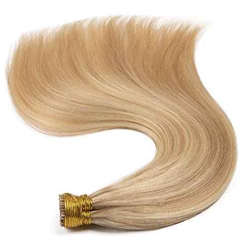 I Tip Remy Human Hair Extensions Cold Fusion Hair Piece Pre Bonded Keratin Stick In Hair Extensions Long Straight #18/613 Golden Brown Highlighted Bleach Blonde Hairpieces 100 Strands 100g 18"