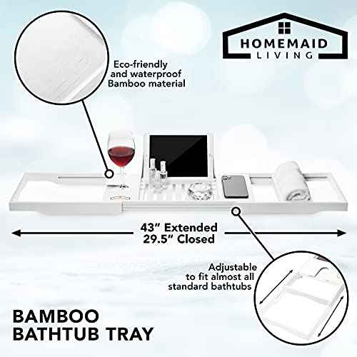Homemaid Living Luxury Bamboo Bath Tray for Bathtub - Expandable Bathroom Caddy with Reading Rack or Tablet Holder, Premium Bath Tray with Wine Glass Holder, Fits All Bathtubs (White)