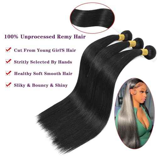 Straight Bundles Human Hair 36 inch 100% Unprocessed Brazilian Straight Hair Bundles 12A Remy Virgin Retain the Intact Cuticle, Long Lifespan
