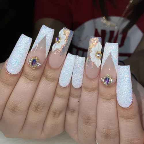 Set 100Pcs Handmade 3D Acrylic Flowers For Nails Art Decor Set, White 3D Flowers For Nails, Acrylic Flower Nail Art Diverse Collection in One Box for Nail Designs For Women (White 100PCs)