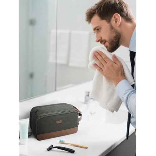 WANDF Toiletry Bag for Men Travel Toiletry Organizer Canvas and Leather Dopp Kit Water-Resistant Shaving Bag for Travel Accessories (Green, Medium)