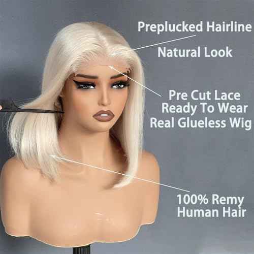 Bye Bye-Glue Warm Platinum Blonde Wig Human Hair Preplucked Precut HD Lace Baroque Pearl Short Bob Human Hair Wigs For Women 200% Density Double Drawn Straight Cut Wig 10"