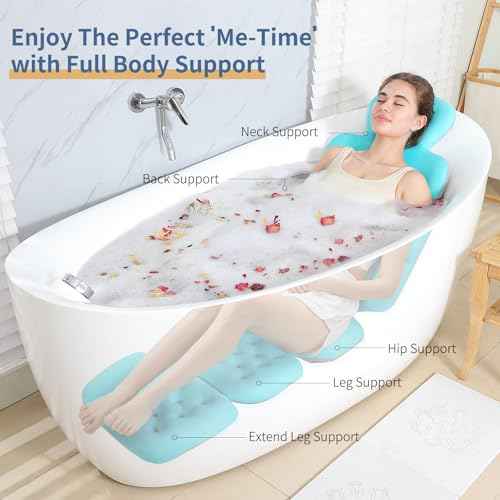 Luxury Bath Cushion, Full Body Bathtub Pillow with 160 Suction Cups, Bath Mat for Head and Neck Support, with Laundry Bag (Blue, 60.2" x 16.2")