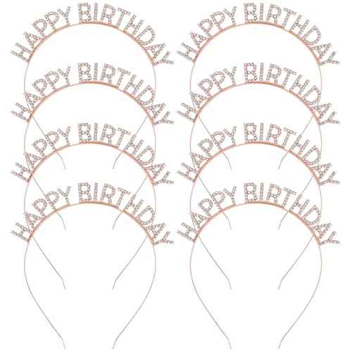 inSowni 8 Pack Sparkling Rhinestone Rose Gold Metal Happy Birthday Headbands Hair Crowns Tiaras Bands Hoops Birthday Party Hair Accessories for Toddlers Girls Kids Teens Women