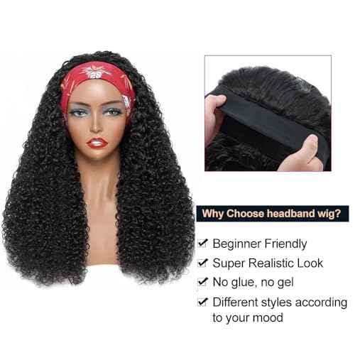 XSY Headband Wig Human Hair Kinky Curly Wigs for Black Women Curly Human Hair Wigs Briazilian Curly None Lace Front Machine Made Wigs Human Hair 26 inch Natural Color