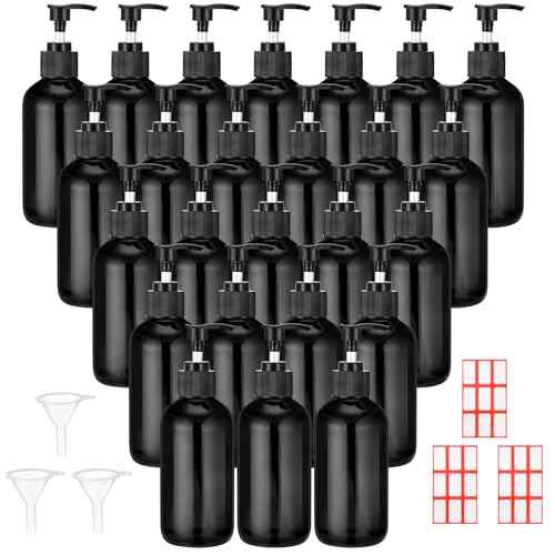Tanlade 24 Pcs 8 oz Glass Pump Bottle Empty Bottle Glass Soap Dispenser with Pump Refillable Containers and Labels Funnels for Essential Oils Cleaning Products Lotions Conditioner (Black)