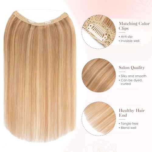 S-noilite Halo Hair Extension Invisible Wire in Real Remy Human Hair Extensions with Clips Adjustable Hidden Wire in Hair Extension for Women 16 inch Camel Bown Highlighted Blonde