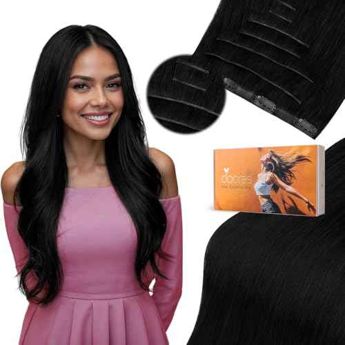 DOORES Seamless Clip in Hair Extensions Real Human Hair, Jet Black 120g 16 Inch 7pcs, Genius Extensions Clip in Straight Hair Remy Natural Weft Invisi Edge PU Weft