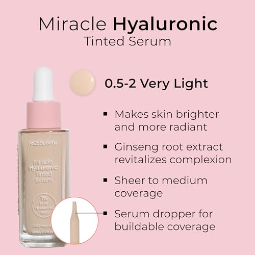 MCoBeauty Miracle Hyaluronic Tinted Serum, 0.5-2 Very Light, Hydration & Glow for Radiant Skin, Vegan, Cruelty Free Cosmetics