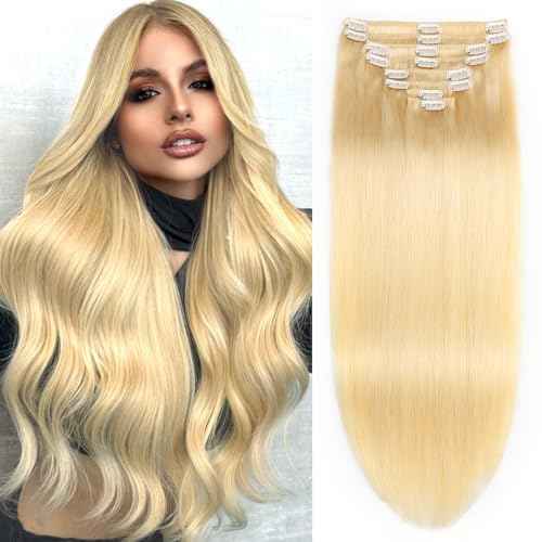 Clip in Hair Extensions Real Human Hair, 18inch 100g, 100% Brazilian Remy Human Hair Clip ins for Women, Straight Seamless Double Weft Hair Extensions, Invisible 8pcs, #613 Bleach Blonde