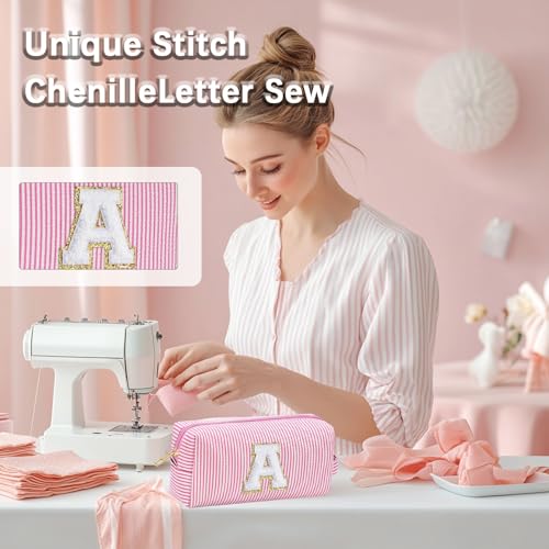 Personalized Monogram Makeup Bag, 3PCS Custom Monogrammed Toiletry Cosmetic Bag for 6-18 Teen Girls Women,Birthday Graduation Gifts Initial Pouch Makeup Bags for Women Girls, Make Up Bag (A, Pink)