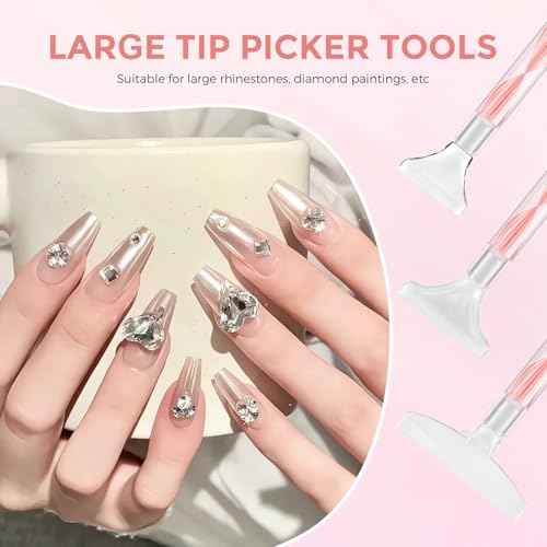 Rhinestone Picker Tool Kit: 2Pcs Rhinestone Picker Handle, Dual-Ended Rhinestones Applicator Dotting Pen with 12 Upgraded Plastic Replacement Tips, Clay, Bedazzling Tools for Nail Art Craft