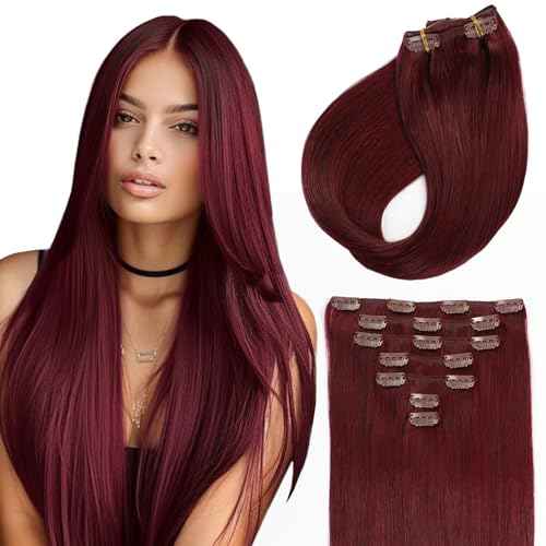 Sunya Clip in Hair Extensions Real Human Hair 7 Pcs Human Hair Clip in Extensions 18 Inch Straight Double Weft Remy Human Hair Extensions Clip ins for Women #99J Burgundy 80G