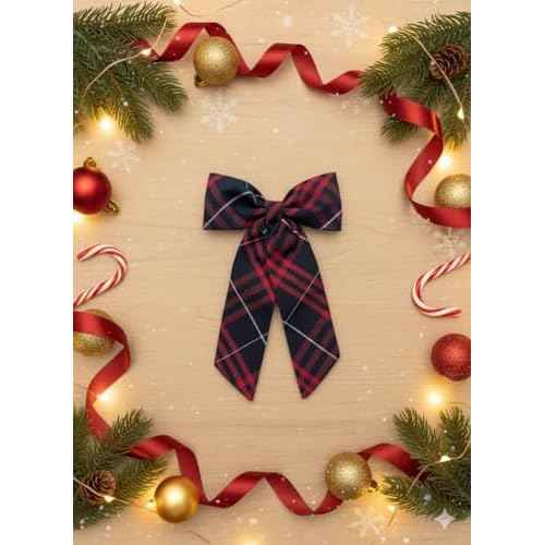 Jumbo Plaid Hair Bow for Girls ? Extra Large 5"x8" with Long Tail & Secure French Barrette ? Durable Yarn-Dyed Fabric ? Elegant Back to School Accessory (Dark Navy and Red Plaid #37)