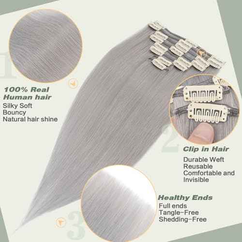 Clip in Hair Extensions Human Hair S-noilite Gray Human Hair Hair Clip in Extensions Full Head 8 Pieces/18 Clips 100% Real Human Hair Silky Straight 22"-110g Light Gray (#G1)