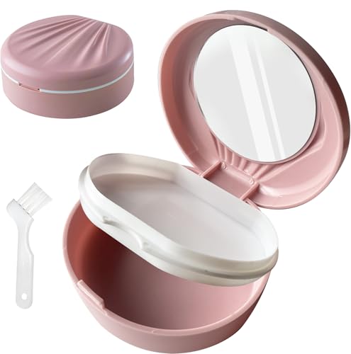 LCFALO Denture Case, Denture Case - With Mirror Convenient Denture Bath for Soaking and Cleaning for Full Dentures (pink)