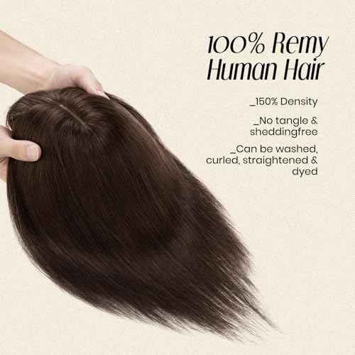 MY-LADY Human Hair Toppers for Women Real Human Hair with Bangs Thin 7 * 13CM Silk Base with Lace Clip in Remy Hairpieces 150% Density 16 Inch Dark Brown