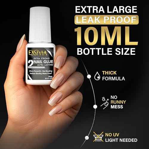 Super Strong Nail Glue for Press On Nails, Acrylic Nails & Nail Tips (10ml) Exsivia 2nd Gen NailBond for Fake Nails, Extra Strength,Long Lasting, Brush on Adhesive, No Dehydrator or Primer Needed