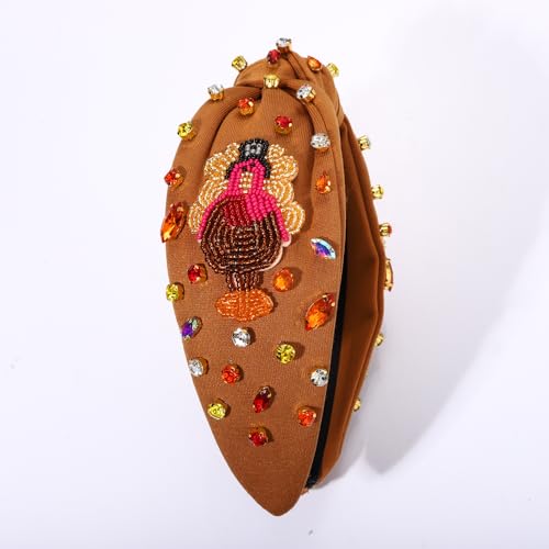 Thanksgiving Headband for Women Fall Accessories Beaded Pumpkin Headband Jeweled Rhinestone Crystal Knotted Hairband Thanksgiving Fall Hair Accessory Gifts (Turkey 4- Brown)